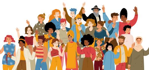 An illustration of multiple people from different cultures standing together with their hands in the air