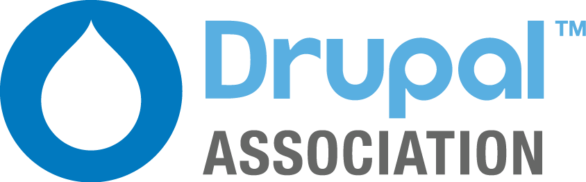 Drupal Association logo of a blue circle with a white drop int he middle, and Drupal in light blue with Association in capital letters in dark grey beneath, and a small TM next to Drupal.