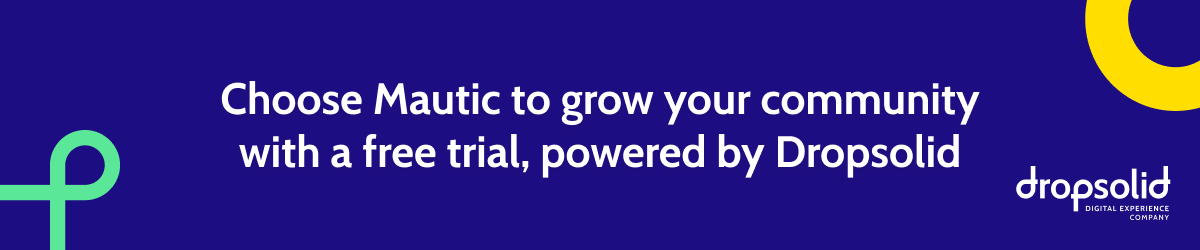 Dark blue background with 'Choose Mautic to grow your community with a free trial, powered by Dropsolid' in text and the dropsolid icon in the bottom right. A yellow ring and a green squiggle are in the top right and bottom left corners respectively.