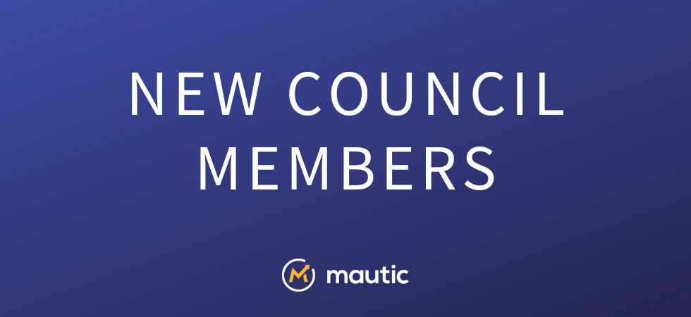 Blue gradient background with Mautic logo centre on the bottom and white text saying 'New council members' in the middle.