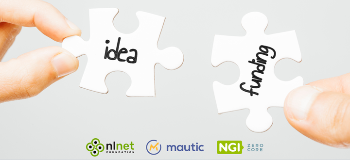 Image of two white jigsaw pieces being held by white hands with 'idea' and 'funding written on them. The NLNet Foundation, Mautic and NGI Zero logos are shown below.