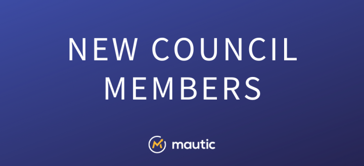 Blue gradient background with Mautic logo centre on the bottom and white text saying 'New council members' in the middle.