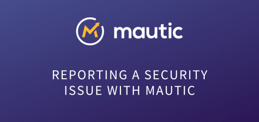 dark blue gradient background with the Mautic logo, and reporting a security issue with mautic in text.