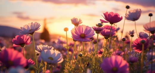 A field of tall poppies in pink and purple with a sunset behind.