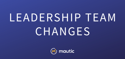 A dark blue background gradient with 'Leadership Team Changes' in large white text with the Mautic logo at the bottom in the middle.