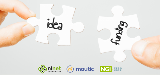 Image of two white jigsaw pieces being held by white hands with 'idea' and 'funding written on them. The NLNet Foundation, Mautic and NGI Zero logos are shown below.