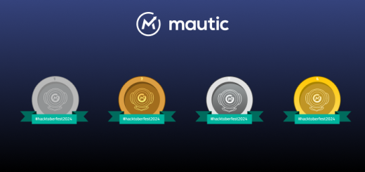 A dark blue background with four badges from pale grey to bronze, silver and gold. The Mautic logo shows in white at the top of the page.