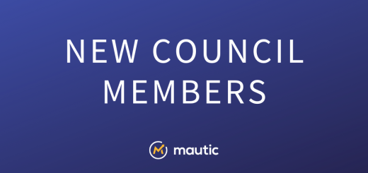 Blue gradient background with Mautic logo centre on the bottom and white text saying 'New council members' in the middle.