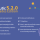 Graphic featuring the Mautic 5.2.0 Pleiades Edition release notes. It includes a list of updates such as enhanced user experience, new dashboard widgets, revamped campaign builder, email scheduling interface improvements, modernized date picker, and notifications enhancements. Additional points mention bug fixes and new themes for improved productivity. A starry background complements the text layout.