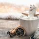 Photo of a mug containing hot chocolate with marshmallows, and some of the marshmallows have been made into the shape of a snowman with a face drawn on and hands and ears added. There are oranges and cinnamon on the table beside and behind is a blurred image of festive lights.