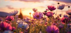 A field of tall poppies in pink and purple with a sunset behind.