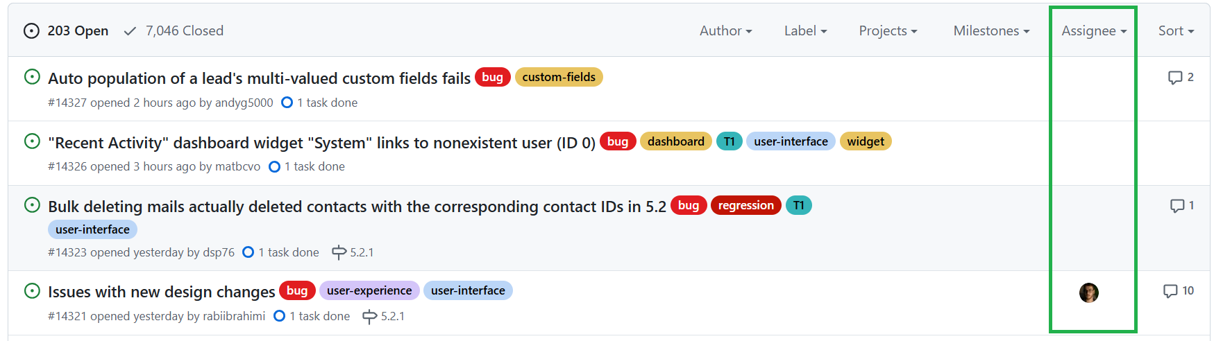 Screenshot of issues tab that highlighted assignee section on GitHub.