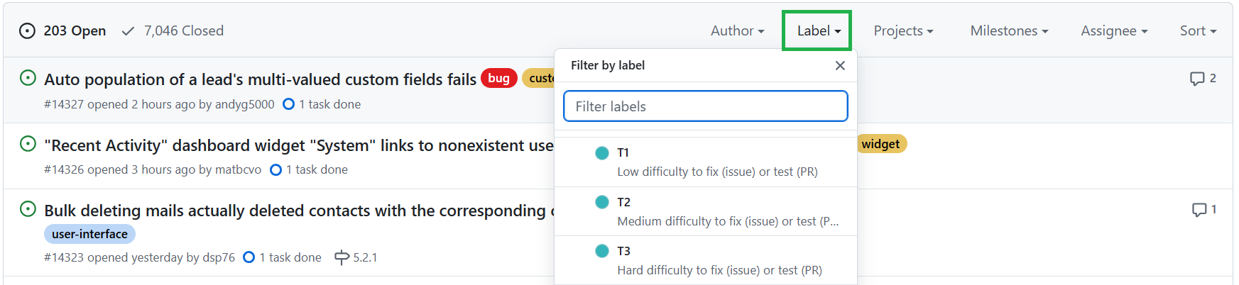 Screeshot of filtering issues by one label at GitHub.