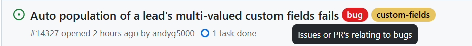 Screenshot of "Issues or PR's relating to bugs" text in the state of hovering a bug issue label on GitHub.  