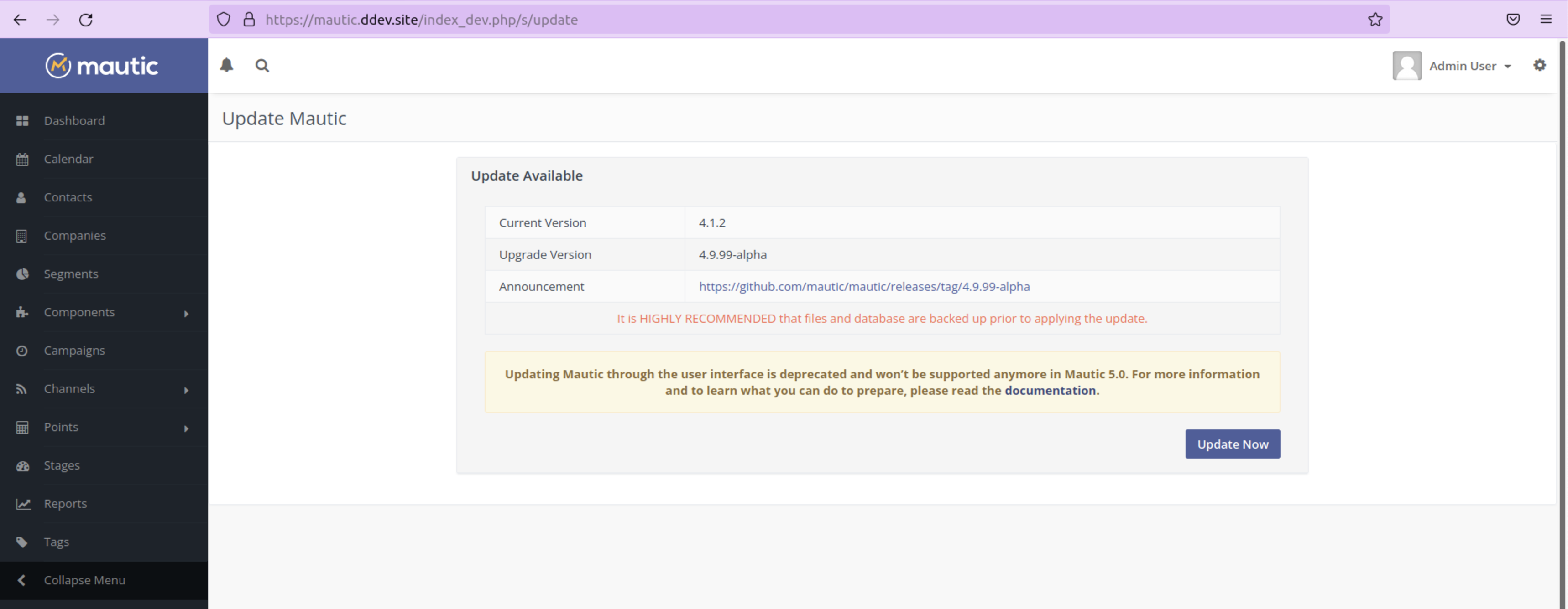 A screenshot of the update screen with a warning that UI-based updates are going to be deprecated in Mautic 5