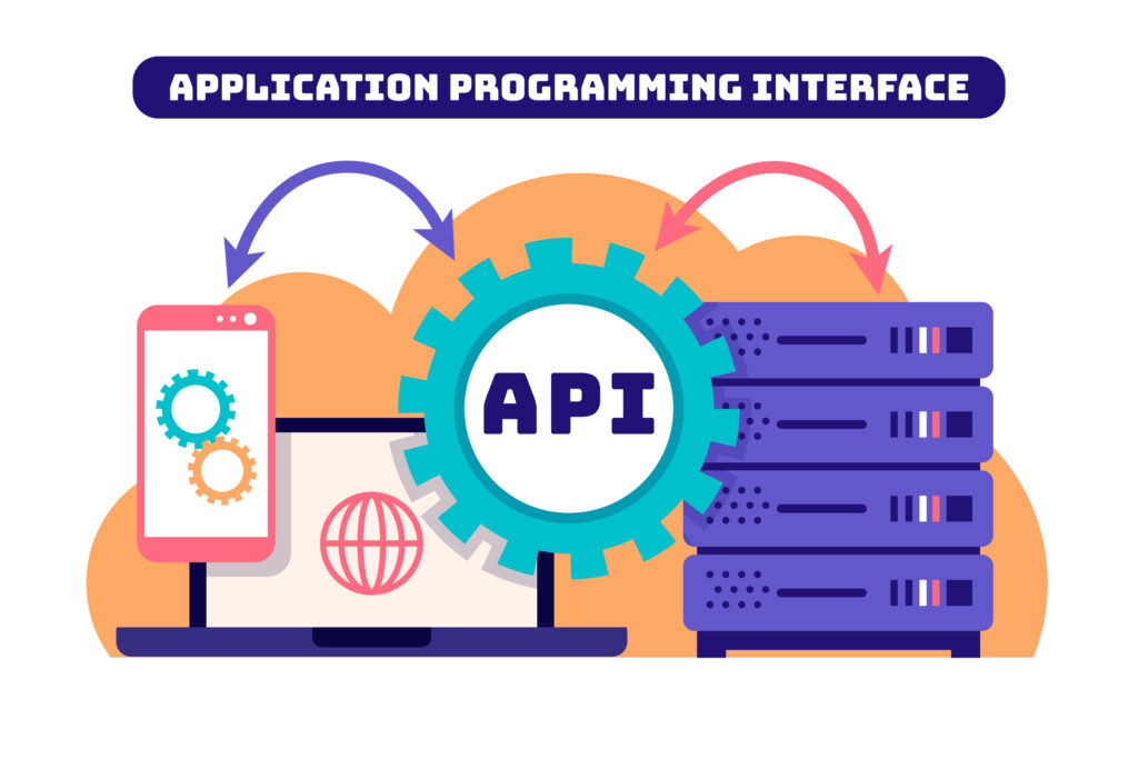 Illustration of a cog with the letters API inside, with images of a server rack, a computer and a mobile phone with arrows going back and forth from each.