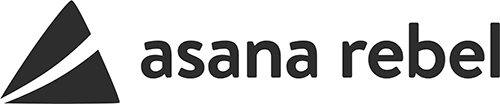 Asana rebel logo - a black triangle with a white slash through it from bottom left to mid way through the right edge. The words asana rebel are shown in black lower case font alongside to the right.