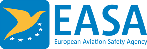 European Aviation Safety Agency logo - a blue rounded corner square with a yellow bird in flight which has six white stars circling it below. The letters EASA show on the right in large font, with European Aviation Safety Agency below in smaller font.