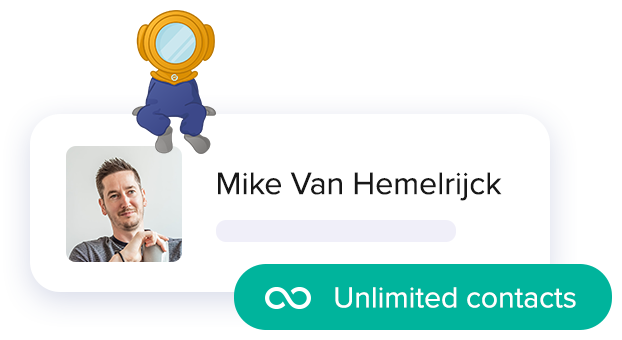 Image of a user profile from Mautic's marketing automation platform showing an avatar and a name, and 'unlimited contacts' in a green rounded corner rectangle with the infinity symbol preceding it. There's an image of the mautinaut sitting on top of the profile card, which is a dark blue bodied being wearing a yellow space-come-diving helmet, sitting at ease.