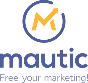 A yellow M with the top upright of the M ending in an arrow, and a purple circle which is broken around the M. The words Mautic underneath, and 'Free your Marketing'.