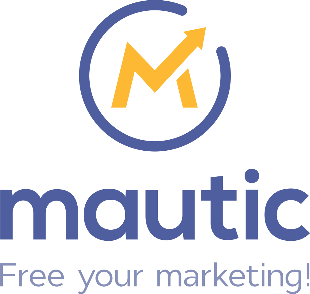 A yellow M with the top upright of the M ending in an arrow, and a purple circle which is broken around the M. The words Mautic underneath, and 'Free your Marketing'.