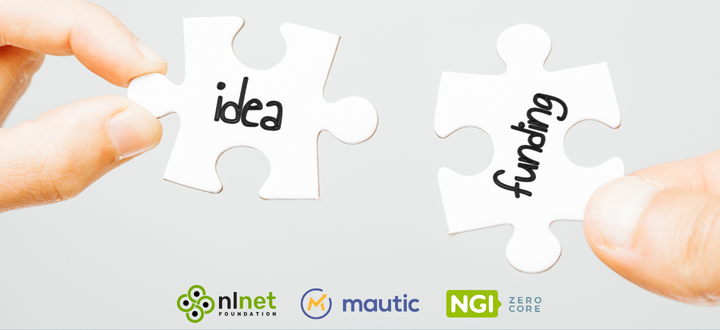 Image of two hands holding white jigsaw pieces, one saying 'idea' and the other saying 'funding' and they seem to be coming to join together. It has the NLNet and Mautic logos on the bottom with the NGI Zero Core logo on the right. The background is a grey colour.