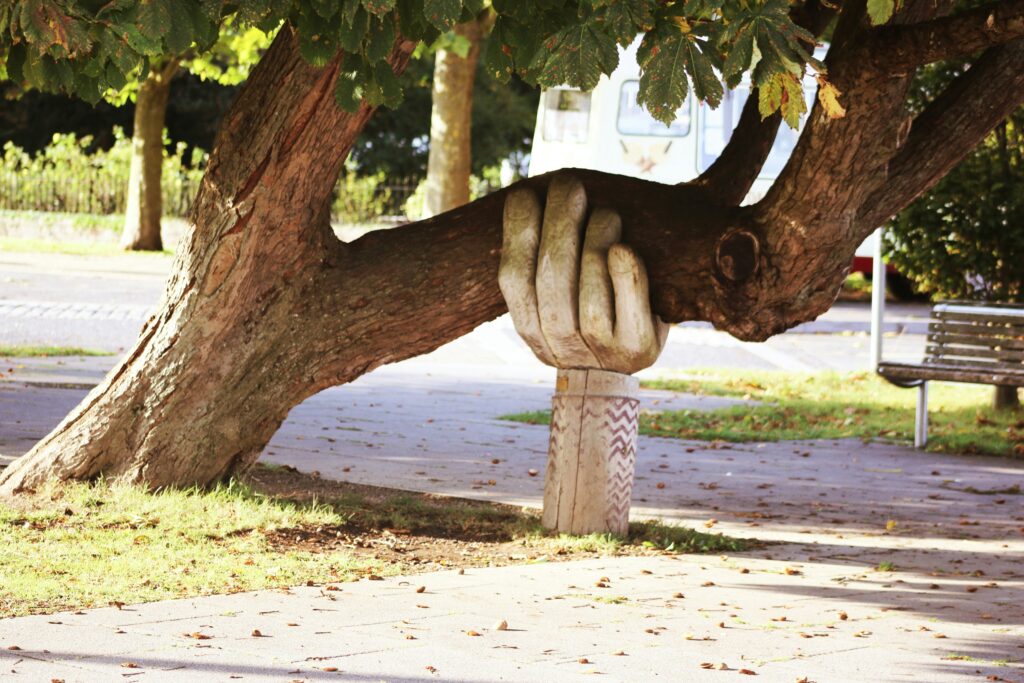 Photo of a tree which has grown sideways and a carved vertical hand which is supporting its trunk.