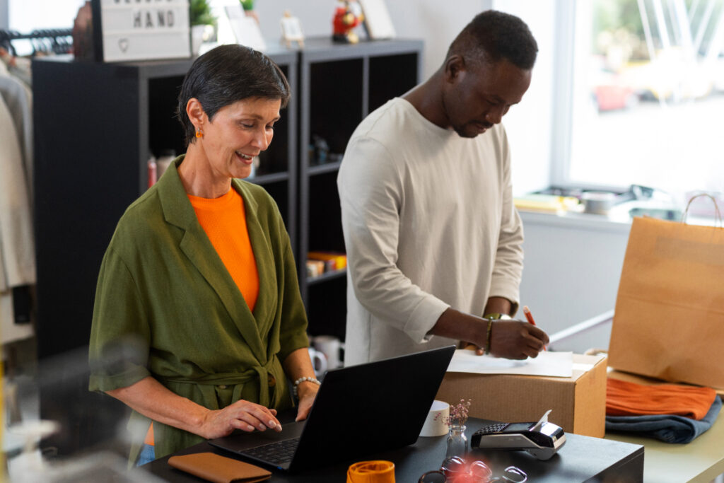 Photo of a white woman with short dark hair working on a laptop in a shop alongside a black man standing and writing on some paper on top of a cardboard box. It looks like they're at a till in a shop environment.