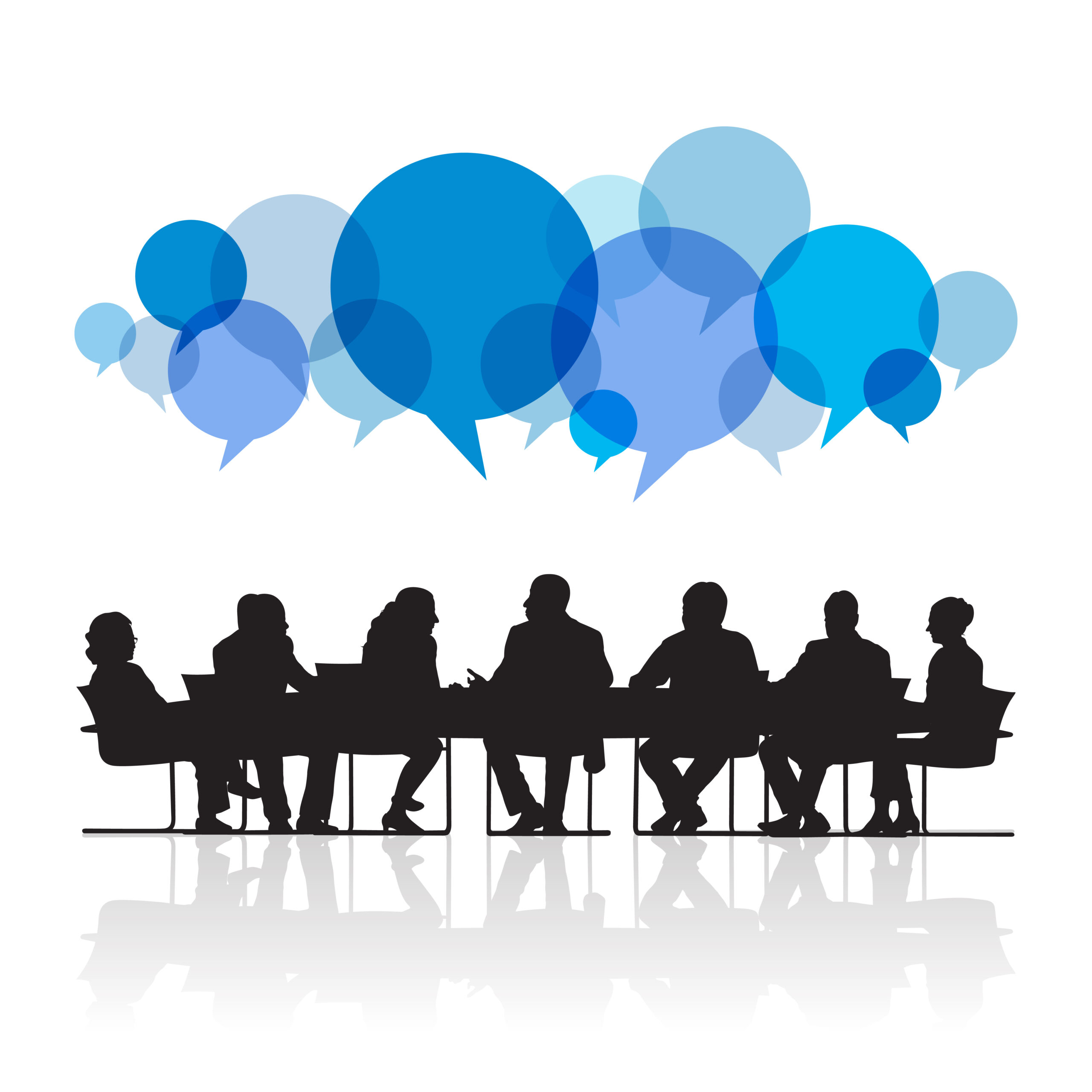 Illustration of seven business people in the meeting around a table, the people are drawn as silhouettes and there are multiple speech bubbles above their heads in various shades of blue.