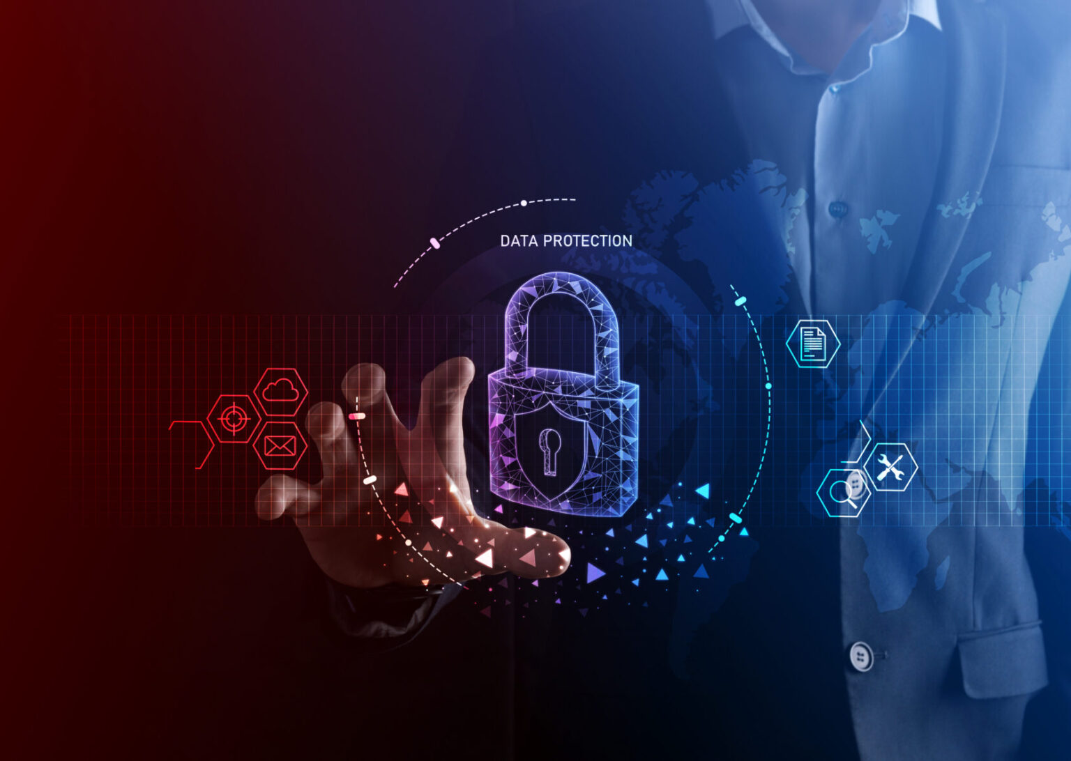 A person faded into the background on the right side, with their hand coming forward reaching towards an illustration of a padlock which is locked, with the words data protection written above. There's a circle etched around the padlock in white and coming off from it are some icons in different colours which represent different types of technology. In the background there's an image of the world which is superimposed on the top of the person on the right side. The right side is a blue colour, and the gradient fades into a deep red on the left.