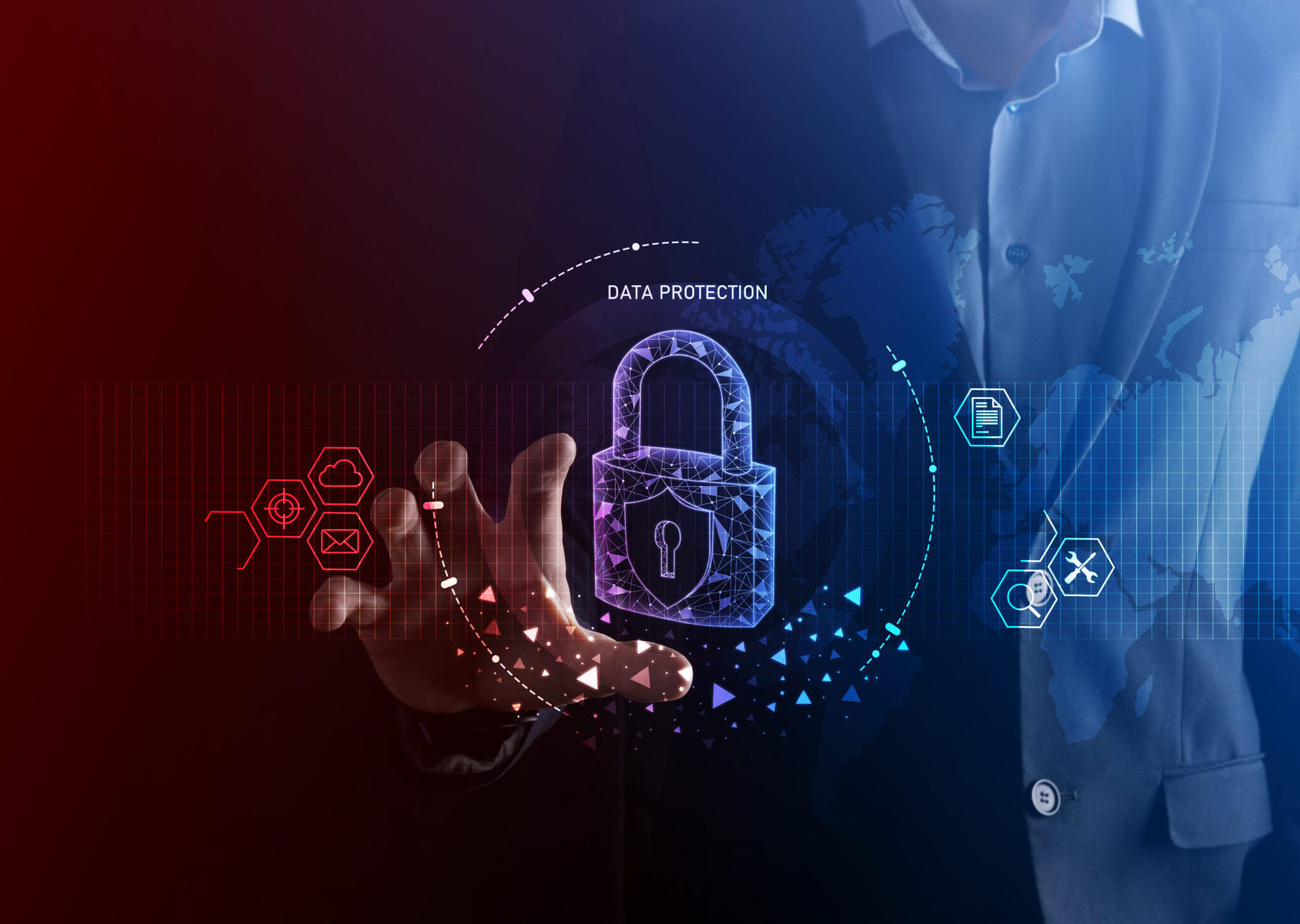 A person faded into the background on the right side, with their hand coming forward reaching towards an illustration of a padlock which is locked, with the words data protection written above. There's a circle etched around the padlock in white and coming off from it are some icons in different colours which represent different types of technology. In the background there's an image of the world which is superimposed on the top of the person on the right side. The right side is a blue colour, and the gradient fades into a deep red on the left.