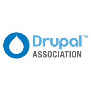 A white drop with a blue circle behind it and the words drupal in blue, and association below in grey, with a blue TM symbol top right.