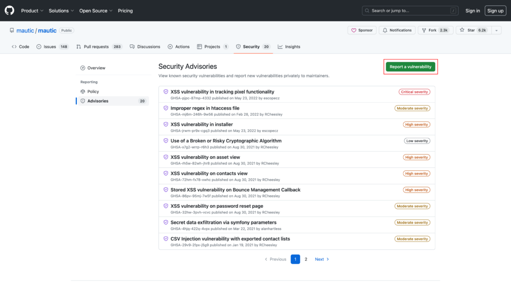 Screenshot of GitHub's security advisory page for Mautic.