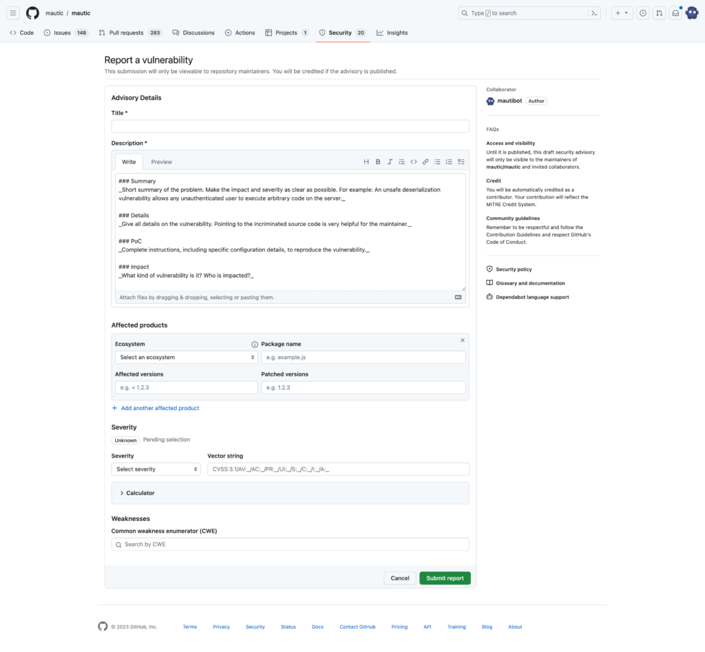 vulnerability reporting screen github
