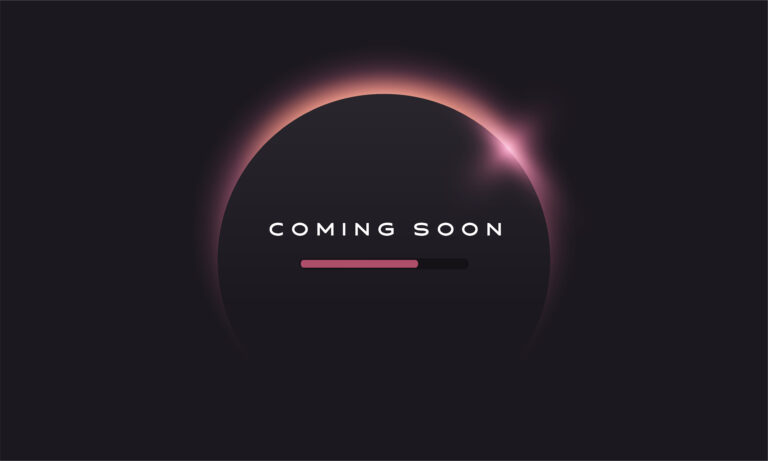 Coming soon text on abstract sunrise dark background with motion effect