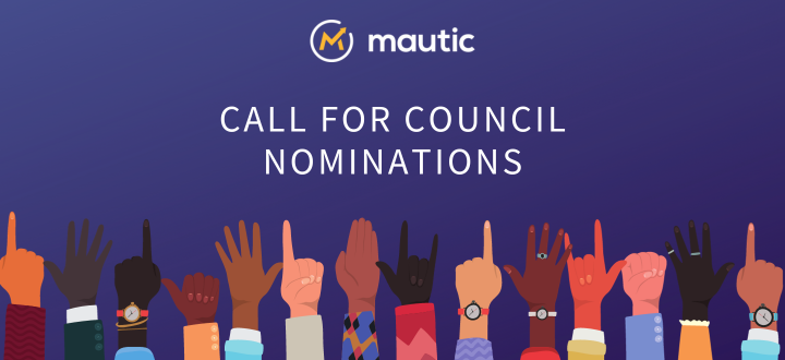 Mautic logo with diverse hands raised along the bottom and call for council nominations in white text.