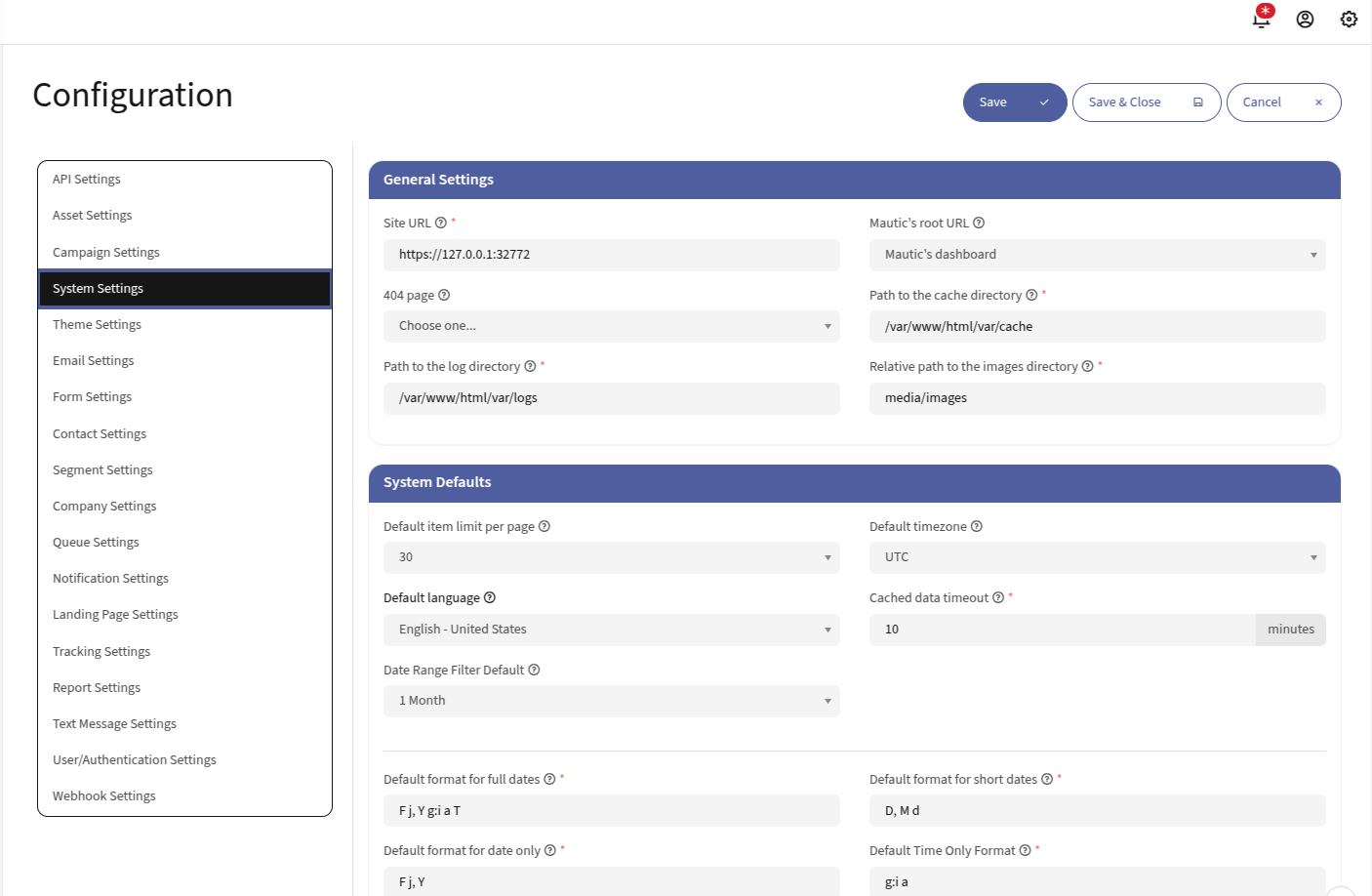 Screenshot of Mautic's user interface on the settings page