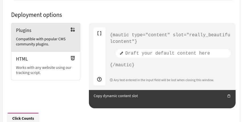 Screenshot of the new DWC generator showing the code for embedding with a plugin and click to copy button.