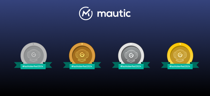 Image of four badges with bronze/silver/gold/platinum and 1/2/3/4 and the mautic logo above.