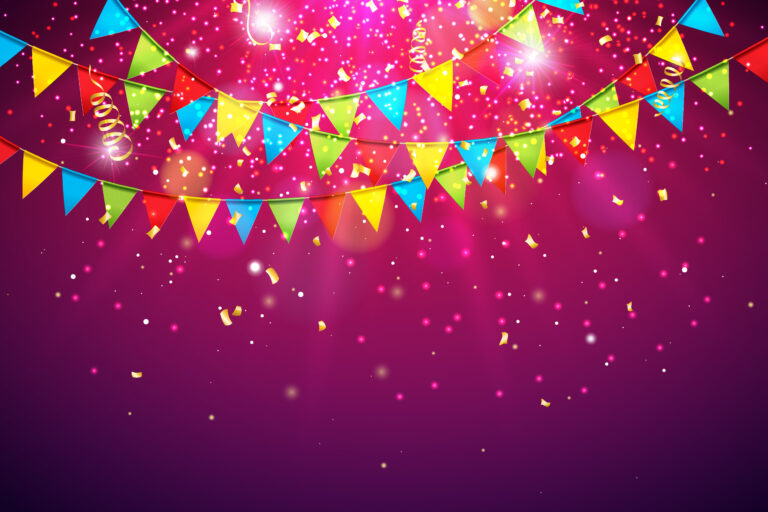 Celebration background with Colorful Party Flag and Falling Confetti