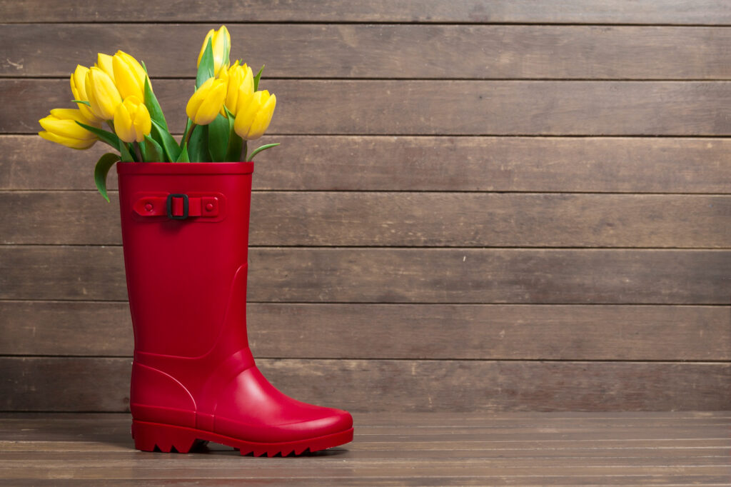 A red boot with yellow tulips in it