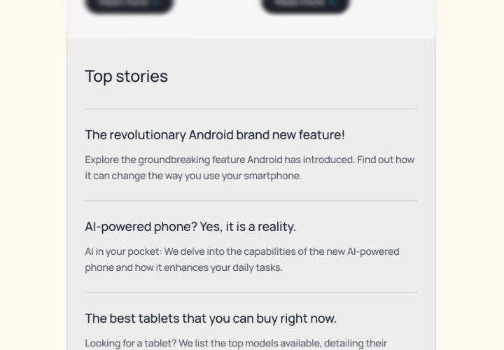 Newsletter section titled 'Top stories' with a list of article headlines and brief descriptions.