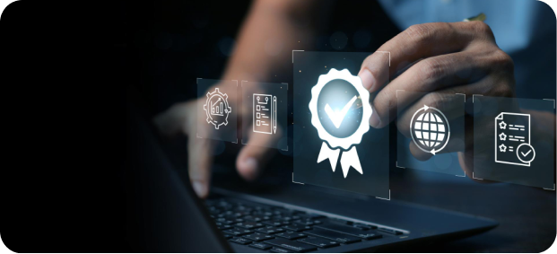 Photo of a perrson using a keyboard with a certification badge superimposed