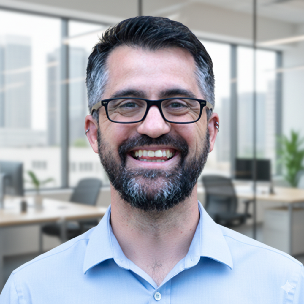 Photo of a spanish man wearing a pale blue collared shirt with short dark hair, black rimmed glasses and a beard and mustache.
