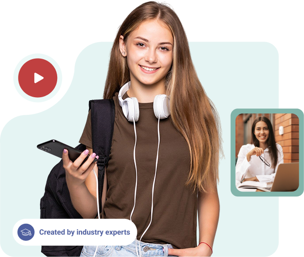 Photo of a young woman with long light brown hair holding a phone with headphones around her neck, a red play button, text saying 'taught by industry experts' and an inset image of an indian woman looking at a laptop