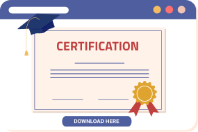 Illustration of a certificate to be downloaded from a web browser with a mortar board hat hanging off the left side of the certificate.
