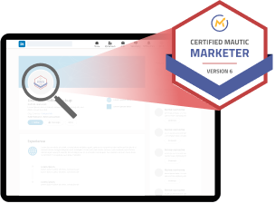 Showcase your qualification on linkedin: an illustration of linkedin with the marketer badge under a microscope and blown up to show the actual badge you get.