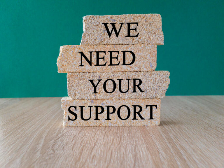 Photo of four blocks on a wooden floor with a green wall behind. on the blocks is written 'we need your support'.