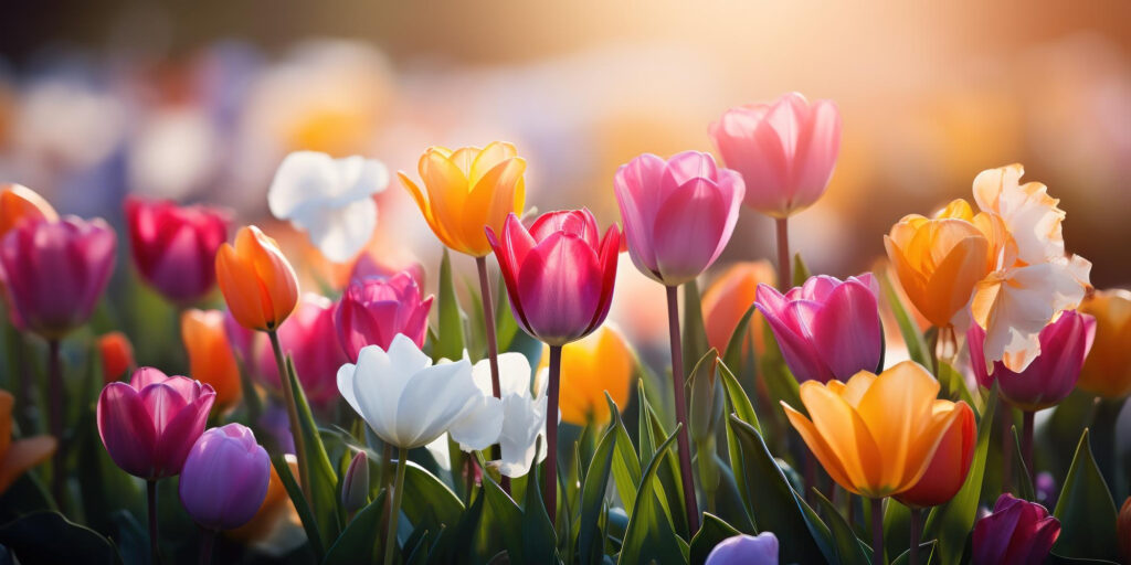 A photo of tulips in different colours with a blurred background
