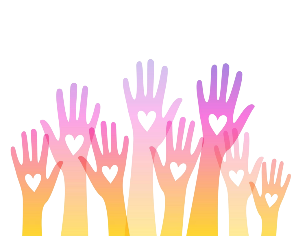 Illustration of hands reaching for the sky, gradient from yellow at the arm to pink at the fingertips, with cut out heart shapes in white in the palm of the hands.